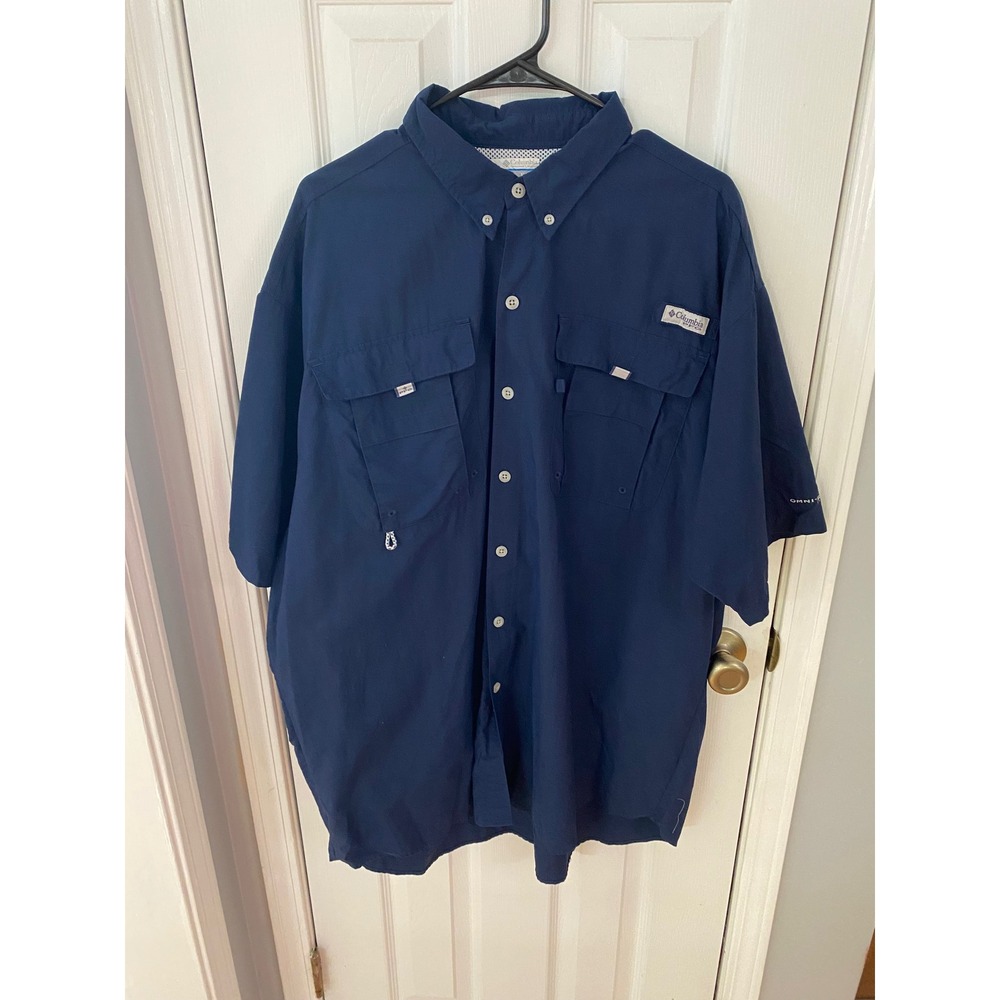 Columbia PFG Fishing Shirt Mens XLT Navy Blue Short Sleeve Omni-Shade Ventilated